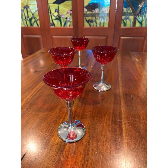 Vintage Cambridge Tally Ho Ruby Red And Chrome Liquor Glasses. 1930s - Picture 12 of 15